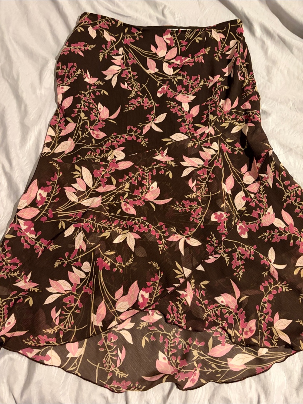 Vintage Brown A-Line Skirt with Pink Floral Print